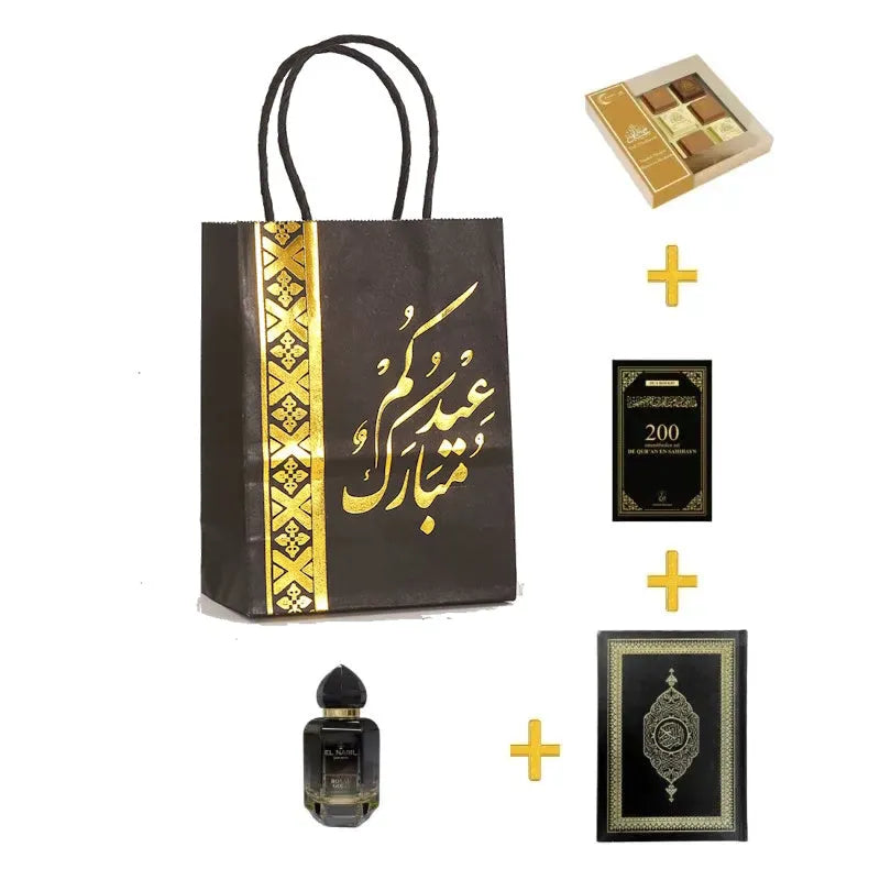 Eid cadeaupakket in tas met luxe Koran, dua boekje, chocolade en parfum