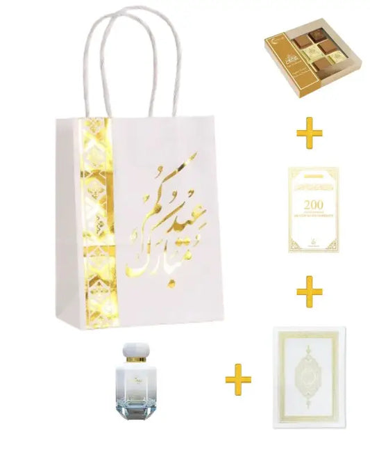 Eid Cadeau in tas (luxe Koran, dua boekje, chocolade + parfum) - Islamboekhandel.nl