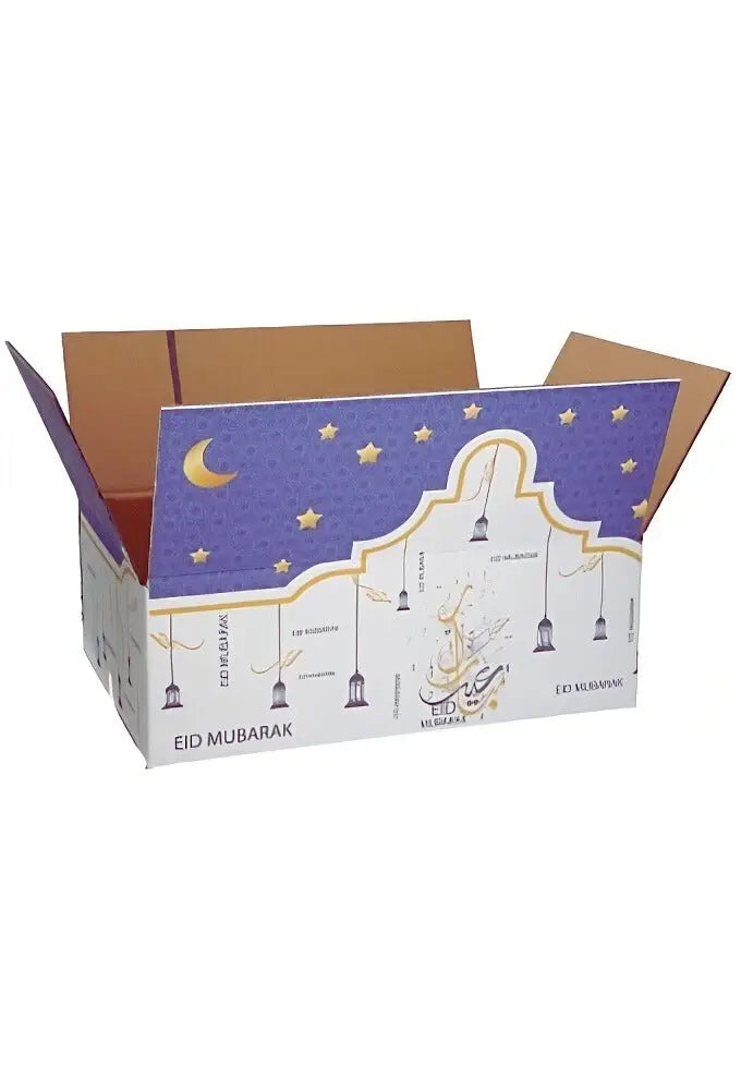 Decoratieve kartonnen eid cadeaupakket doos van deen and dunya met paarse en witte ster- en maanprint en gouden eid mubarak tekst