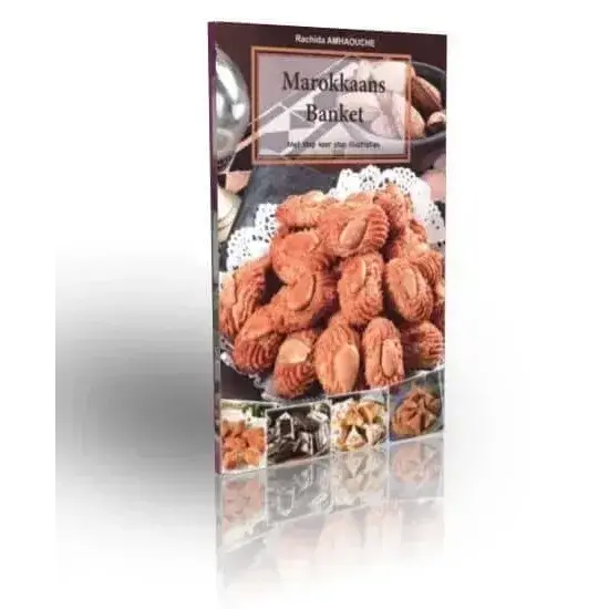 A cookbook marokkaans banket by rachida amriouche with golden-brown cookies on lace doily in eid cadeaupakket lekker genieten luxe