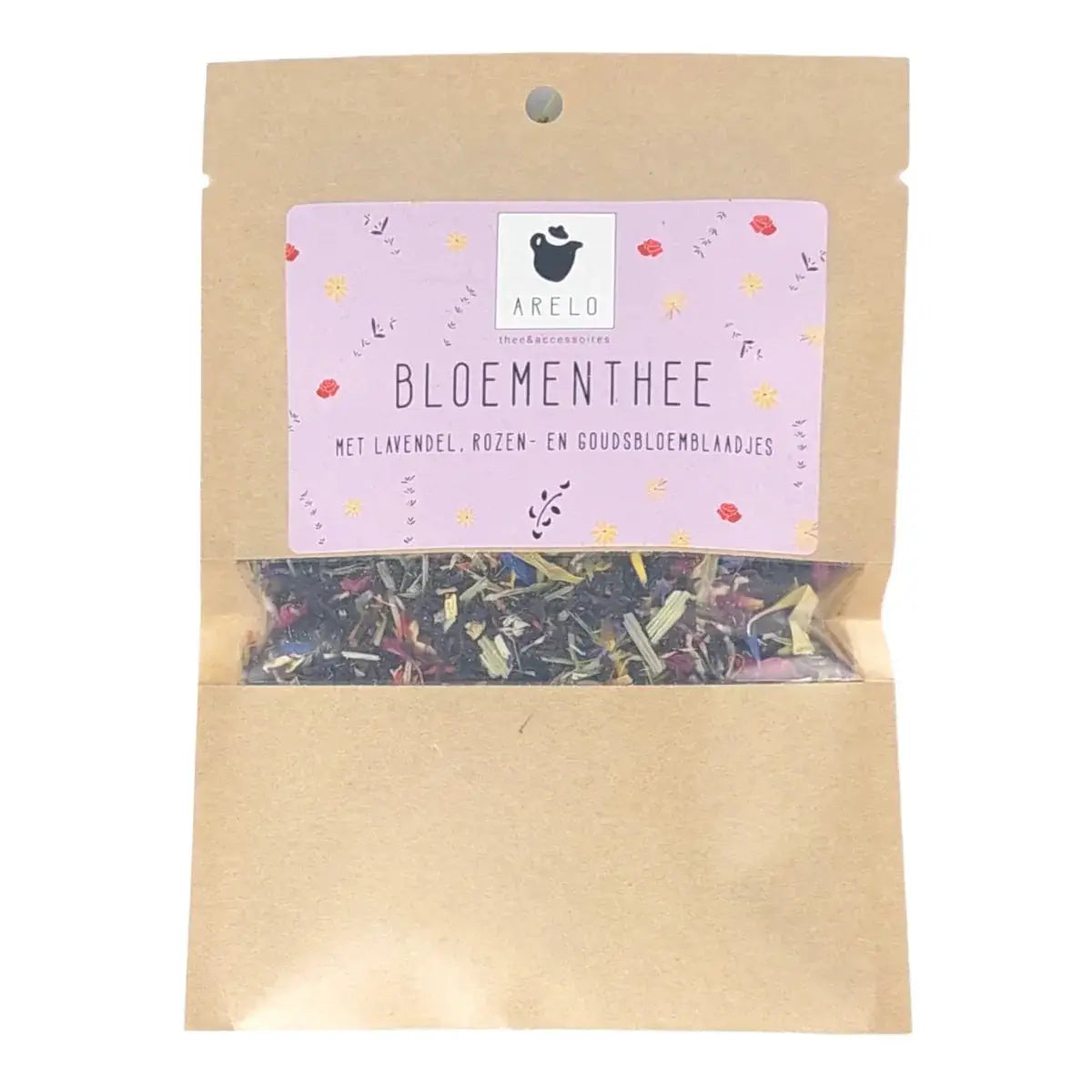 Elegant roze gelabeld bruine papieren zak met gedroogde lavendel, rozenblaadjes en goudblad bloemen voor bloementhee eid cadeaupakket lekker genieten luxe