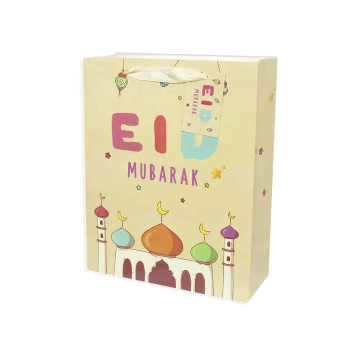 Pastel Eid Mubarak gift bag with mosque design for Eid cadeautas lampion kids 31x25 cm