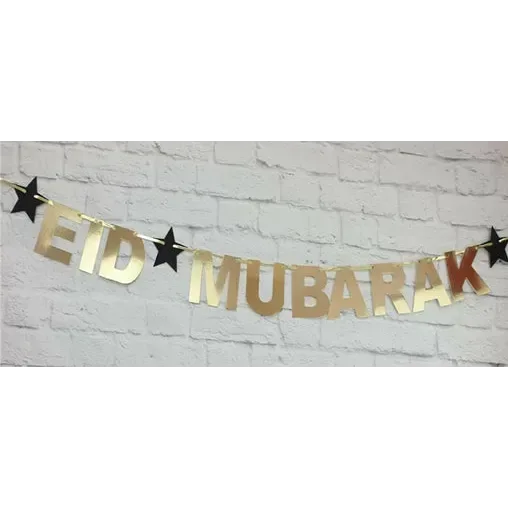 Eid letterslinger goud met zwarte sterren - Islamboekhandel.nl