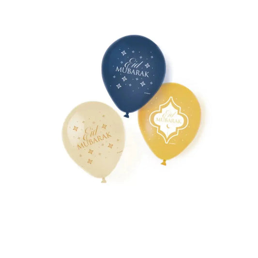 Drie feestelijke eid mubarak ballonnen in marineblauw, crèmewit en goud met elegante prints, eid mubarak ballonnen eastern gold set van 6