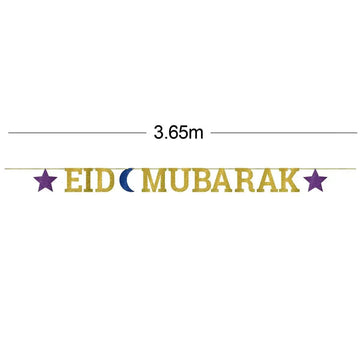 Eid mubarak glitter letter banner met gouden glitter, paarse sterren en blauwe maansikkel van 3,65 meter lang