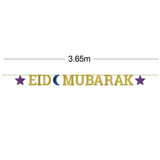 Eid mubarak glitter letter banner met gouden glitter, paarse sterren en blauwe maansikkel van 3,65 meter lang