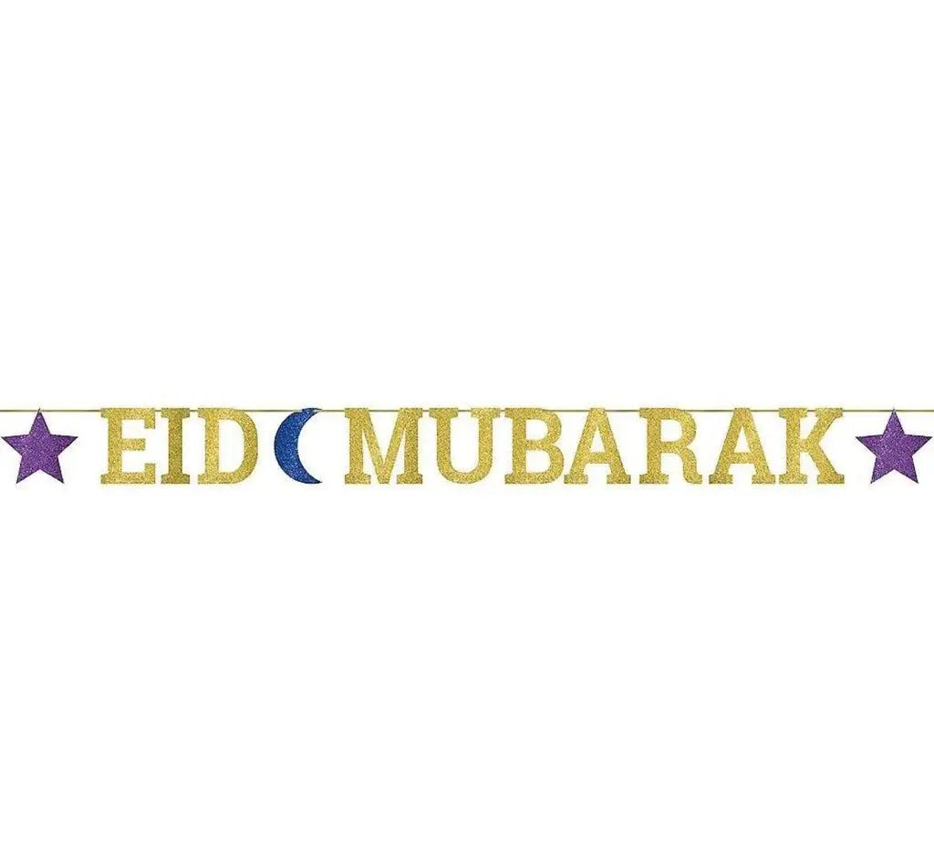 Eid mubarak glitter letter banner in gold with purple stars and a blue crescent moon for festive decor