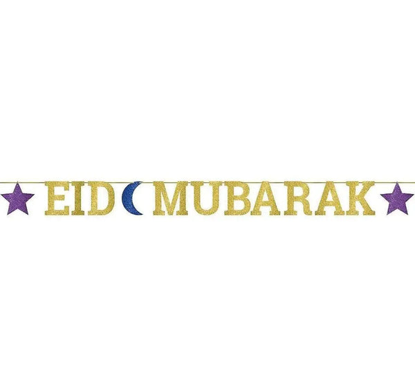 Eid mubarak glitter letter banner in gold with purple stars and a blue crescent moon for festive decor