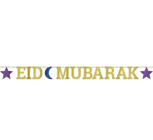 Eid mubarak glitter letter banner in gold with purple stars and a blue crescent moon for festive decor