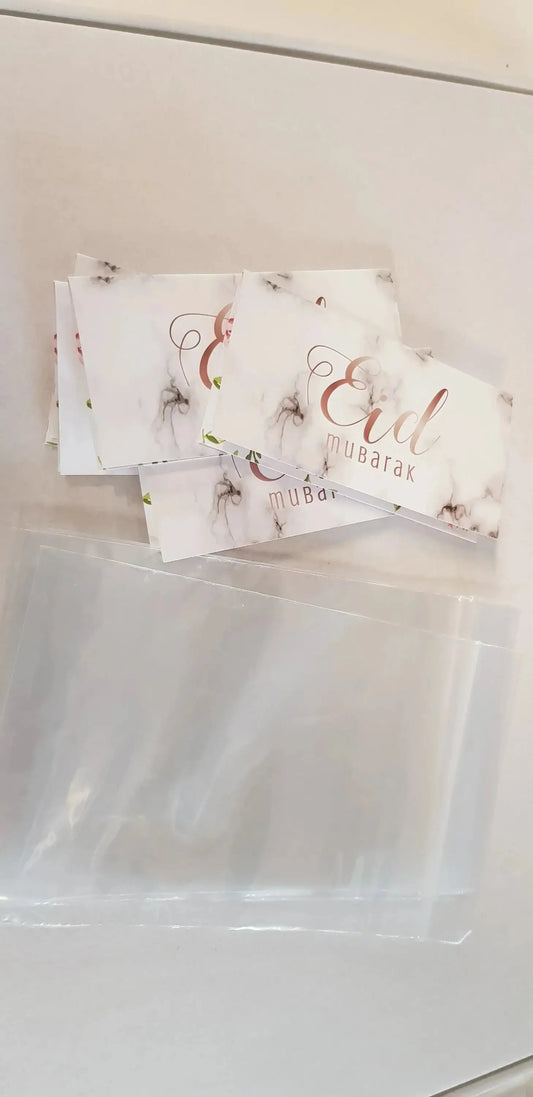Witte rechthoekige eid mubarak traktatiezakjes marmer ongevuld met roségouden sierlijke tekst en zwarte bloemenprint