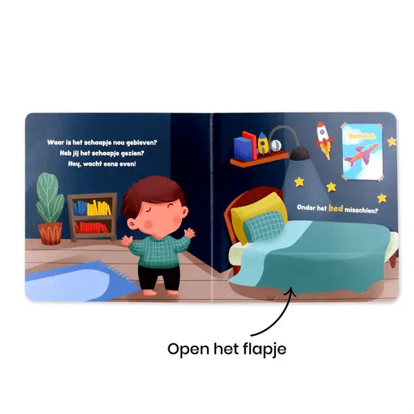 Waar is het eid schaapje flapjesboek met een blauwe bedsprei met subtiel textuurpatroon