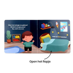 Waar is het eid schaapje flapjesboek met een blauwe bedsprei met subtiel textuurpatroon