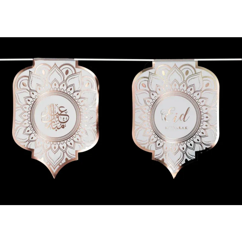 Elegante rosegouden en witte vlaggen met mandala’s en Arabische kalligrafie voor Eid Slinger Desert Flower Rose
