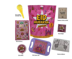 Roze eid surprise bag met ster ontwerp en lantaarns met tekst 7 cadeaus inside perfecte cadeau voor kinderen