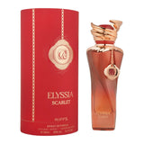 Elysia scarlet parfum in een amberkleurige fles met een roségouden draaideksel en bijpassende rode doos van riiffs parfum