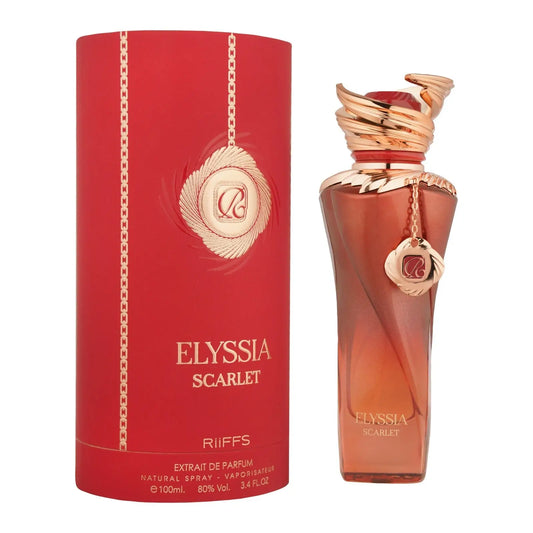 Elysia scarlet parfum in een amberkleurige fles met een roségouden draaideksel en bijpassende rode doos van riiffs parfum