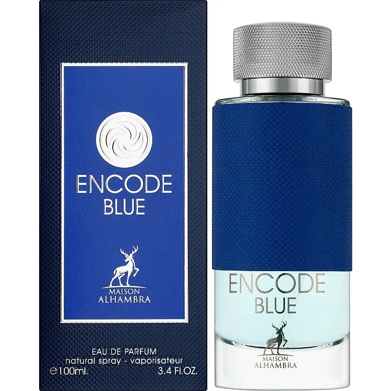 Blauwe parfumfles en verpakking met Encode Blue branding van Alexandria Fragrances