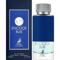 Blauwe parfumfles en verpakking met Encode Blue branding van Alexandria Fragrances