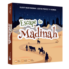 Escape to Medina bordspel promotiefoto met spelregels en medespelers in actie