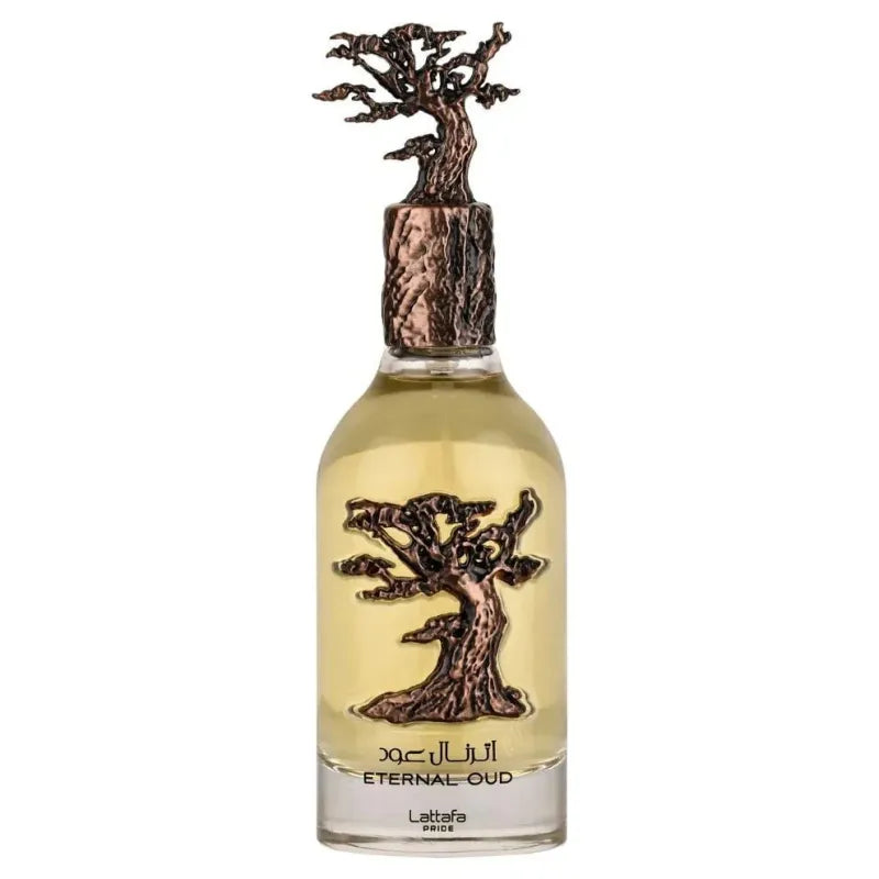 Gouden fles met boomvormige dop van Eternal Oud Lattafa Parfum arabisch merk
