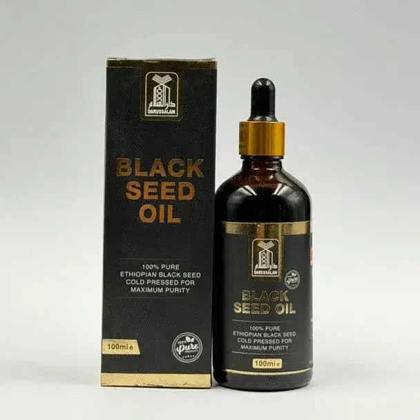 Ethiopische black seed olie koud geperst 100ml in donkere glazen fles met goudkleurige druppelaar en bijpassende doos