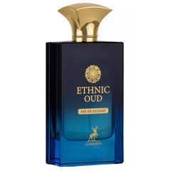 Een geurige Ethnic Oud al Hambra Edp met een zwart-blauwe glazen fles en gouden dop