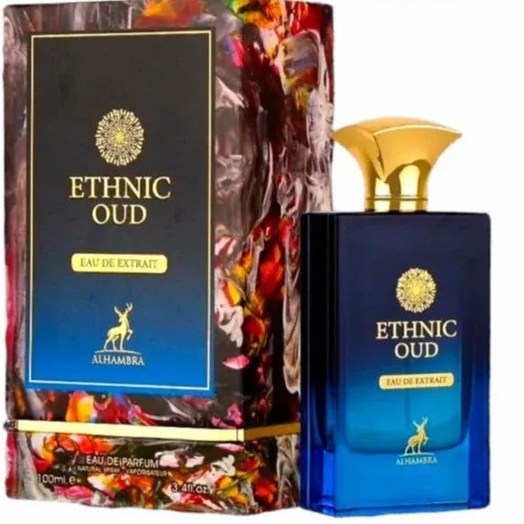 Blauwe en gouden parfumfles Ethnic Oud met bijpassende verpakking van Hambra EDP