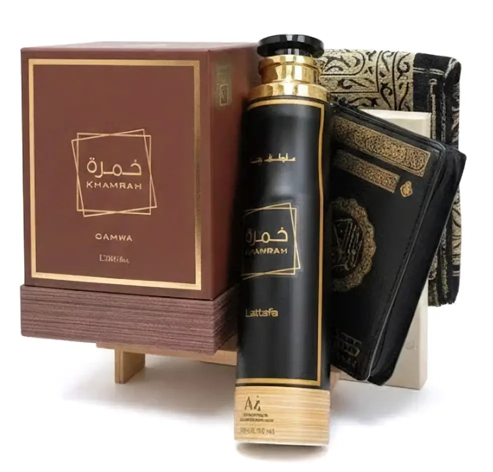 Exclusieve giftset met zwarte en gouden khamrah parfumfles met bamboe accenten voor cadeaupakket kaaba