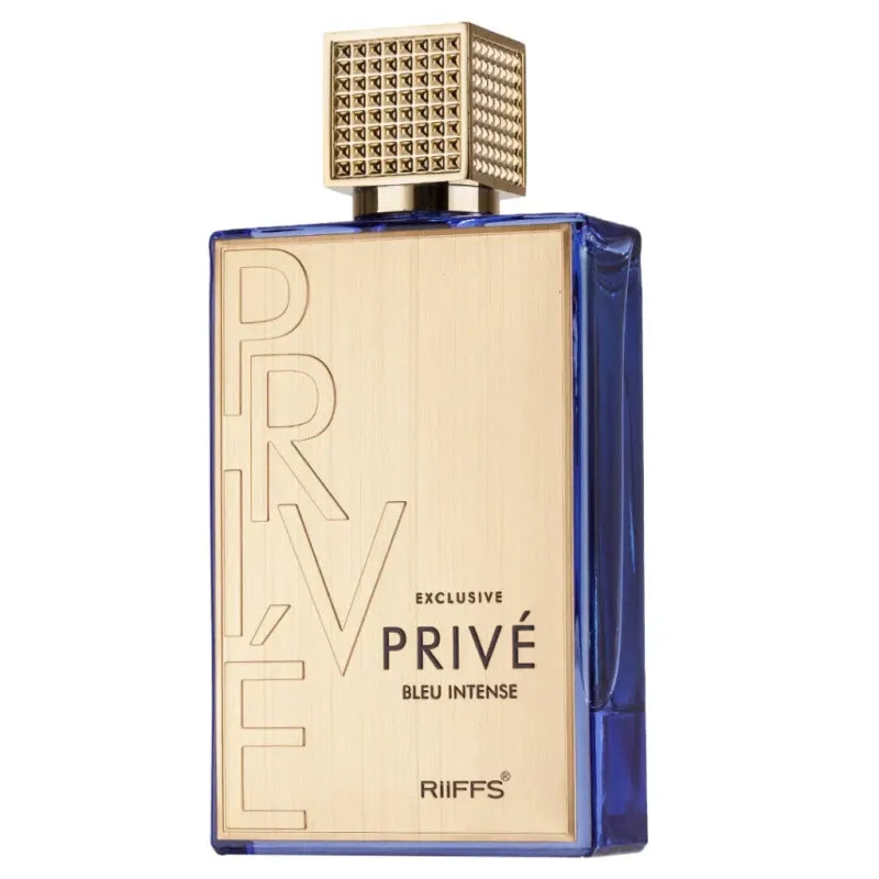 Prive Bleu Intense parfumfles blauw en goud met studs, luxe Prive Bleu geur