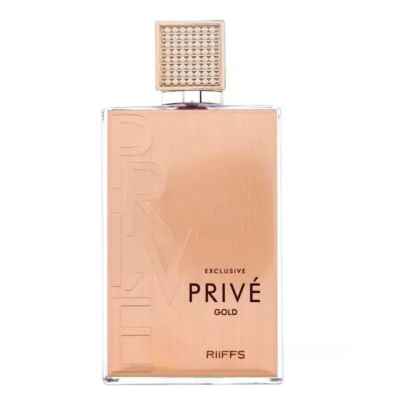 Alt tekst voor Exclusive Prive Gold parfum fles met patroon en gouden kleur