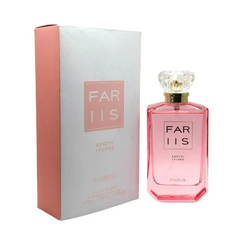Roze rechthoekige parfumfles met kristalachtige stop en gouden accenten gelabeld far iis exotic lychee edp