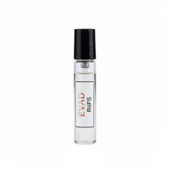 Duidelijke glazen parfumfles met zwarte dop en label, Eyad Riffs merk