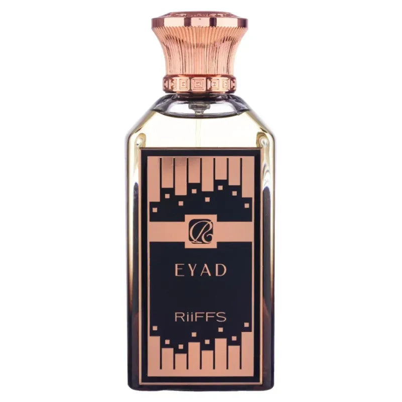 Eyad parfumfles met rechthoekig glas, rosegouden dop en zwart-rosegouden label