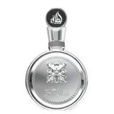 Silver fakhar platin parfumfles met ronde, gegraveerde vlindermotief en arabische kalligrafie