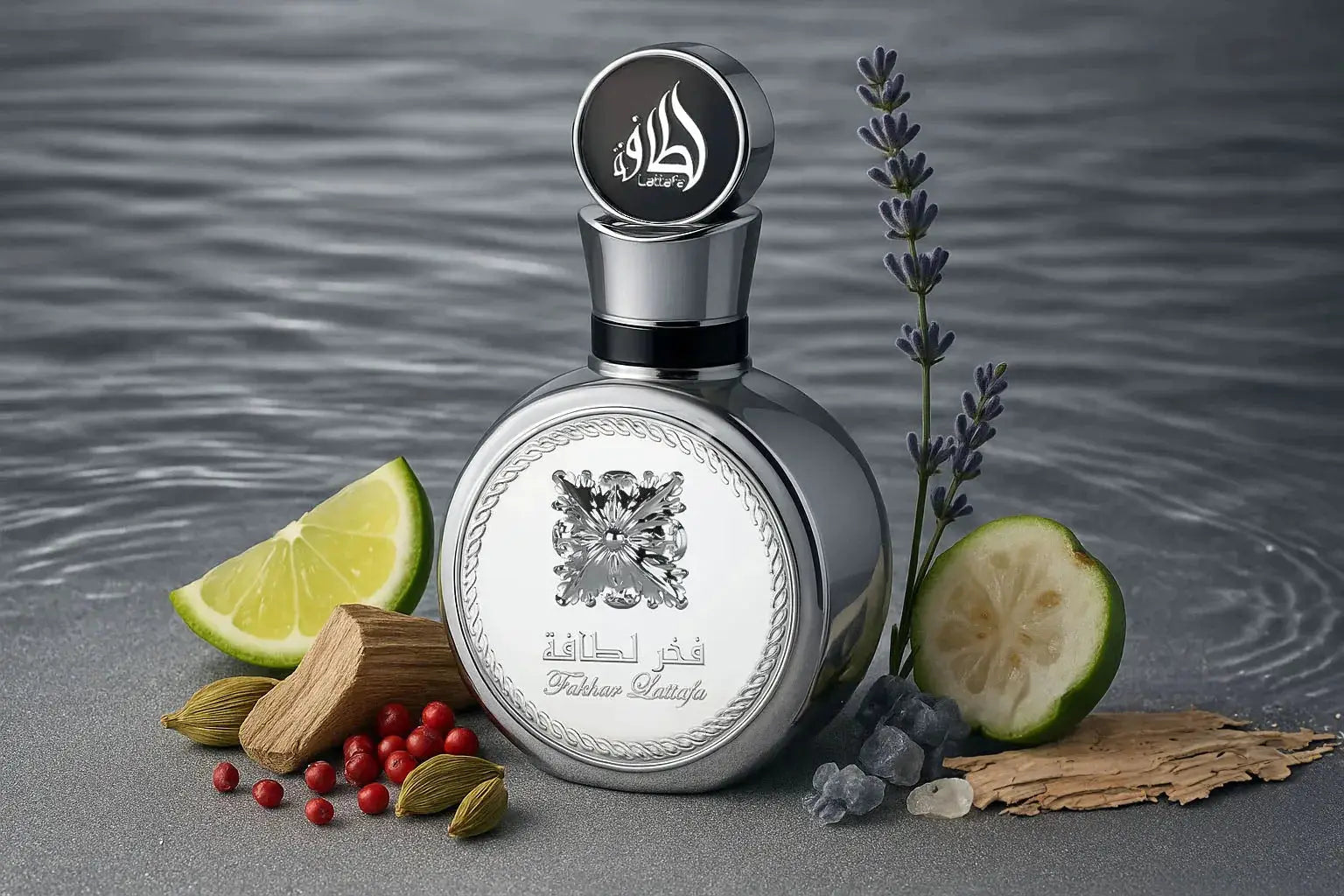 Zilverkleurige fakhar platin parfumfles met ronde, sierlijke label en bijpassende dop met arabisch schrift