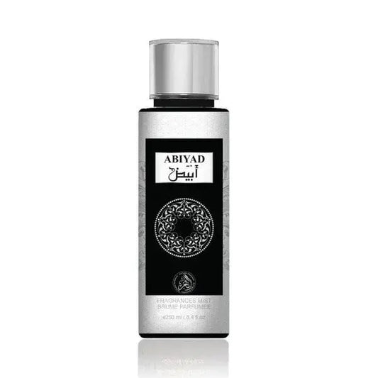 Al fakhr abiyad body mist 250 ml zilver en zwart met complex cirkeldesign op het etiket