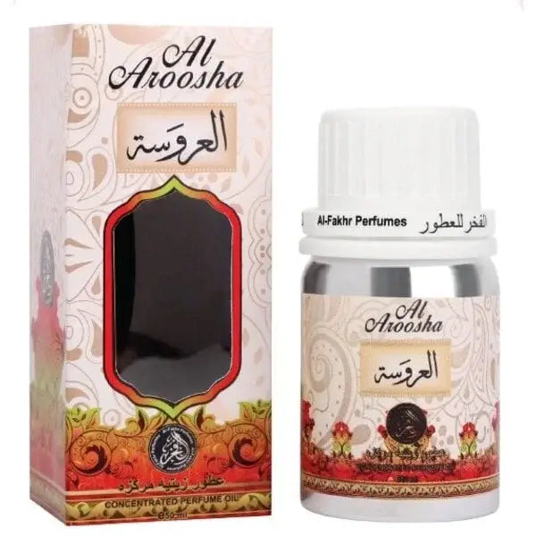 Al aroosha al-muqaddas parfumolie 50 ml in zilverkleurige glazen fles met sierlijk etiket en witte dop