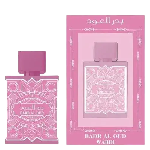 Roze rechthoekige parfumfles al fakhr badr al oud wardi met witte geometrische en bloemmotieven en bijpassende roze dop