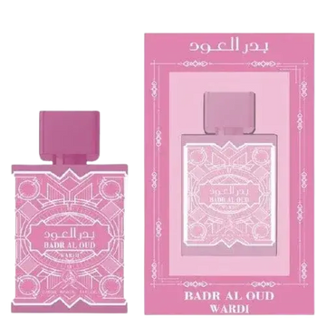 Roze rechthoekige parfumfles al fakhr badr al oud wardi met witte geometrische en bloemmotieven en bijpassende roze dop