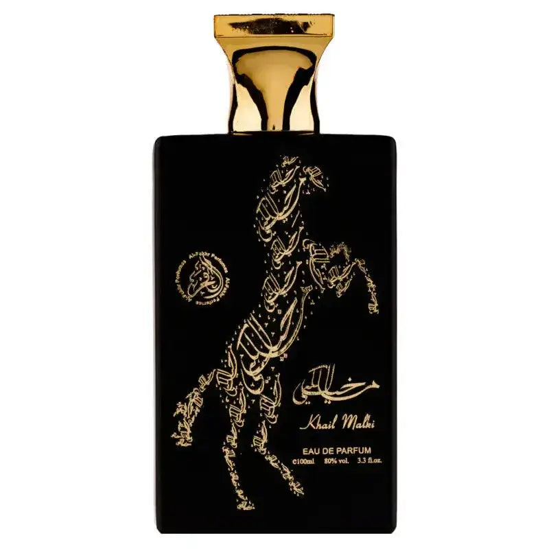 Black rechthoekige parfumfles al fakhr khail malki edp 100 ml met gouden arabische kalligrafie in paardontwerp en gouden dop