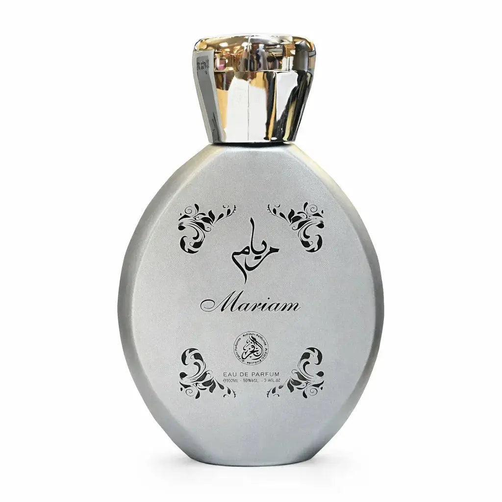 Zilveren parfumfles al-fakhr mariam unisex 100ml edp met slank ovaal lichaam en zwarte arabische kalligrafie