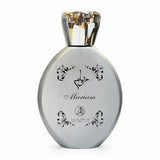Zilveren parfumfles al-fakhr mariam unisex 100ml edp met slank ovaal lichaam en zwarte arabische kalligrafie