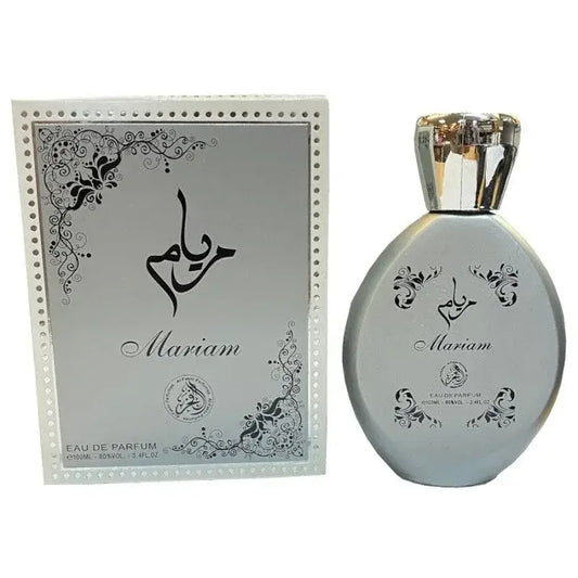 Zilverkleurige glazen parfumfles met zwarte sierlijke bloemmotieven en metalen dop gelabeld mariam al-fakhr 100ml edp