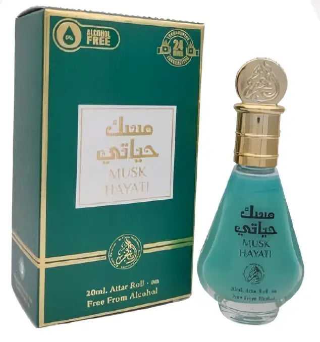 Teal glazen parfumfles musk hayati met gouden dop en gegraveerd ontwerp in arabische schrift 20 ml