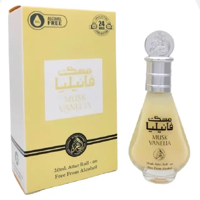 Een bleekgele glazen fles van 20 ml musk vanelia parfumolie met zilverkleurige dop en sierlijke stop