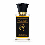 Een slanke rechthoekige glazen fles nashme eau de parfum met een zwarte facettendop en gouden accenten