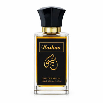 Een slanke rechthoekige glazen fles nashme eau de parfum met een zwarte facettendop en gouden accenten
