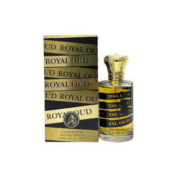 Al fakhr royal oud parfum in een heldere glazen fles met gouden kroonvormige dop en zwart-goud gestreept label naast doos