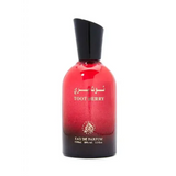 Een levendige rode glazen fles van toot berry eau de parfum met zwarte dop en gouden letters