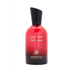 Een levendige rode glazen fles van toot berry eau de parfum met zwarte dop en gouden letters